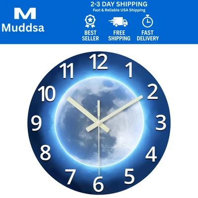 Analog Glow in The Dark Wall Clock Battery Operated 12 Inch Blue Light Up Clo... - Image 1 of 4