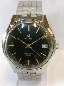 TITUS 17J WINDING PATINA BLACK DIAL 140104 SWISS MEN'S WORKING CONDITION - Imagen 1 de 22