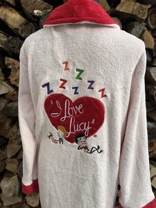 Vintage Bademantel "I Love Lucy" rosa rot Plüsch bestickt toller Morgenmantel *ohne Gürtel - Bild 1 von 10