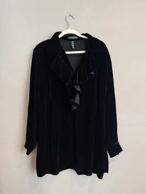 Blusa Ralph Lauren Terciopelo con Volantes Para Mujer 2X Negra Manga Larga Vacaciones Poetas Foto 1 de 3