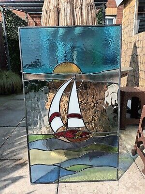 Large Old Stained Glass Window Sail Boat. • 230£