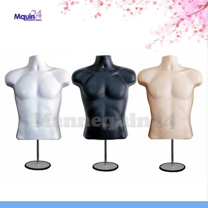 3 MALE MANNEQUIN TORSOS SET -WHITE FLESH BLACK DRESS FORMS + 3 STANDS +3 HANGERS - Picture 1 of 8