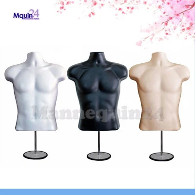 3 MALE MANNEQUIN TORSOS SET -WHITE FLESH BLACK DRESS FORMS + 3 STANDS +3 HANGERS - Image 1 of 4