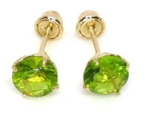 14K Solid Yellow Gold 6mm Lab-Created Peridot Quartz Screw Back Stud Earrings - Picture 1 of 7
