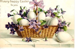 Hermosa canasta de huevos de saludos de Pascua East Orange 1909 postal vintage postal - Imagen 1 de 2