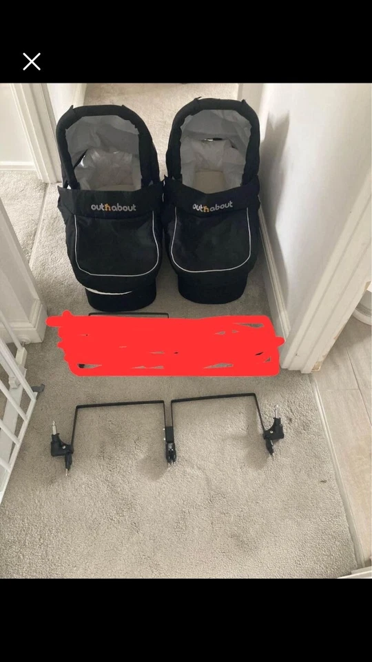 out n about nipper v4 carry cots and twin adapter, black, lightly used  - Image 1 of 1