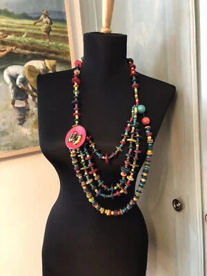 Philippines  Necklace Bohemian Coconut Wood Color Beads Disk 17.5" WOW - Image 1 of 4
