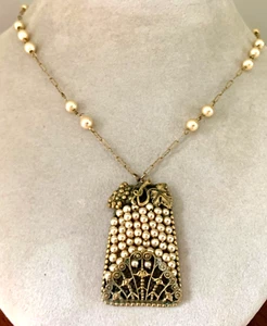 Vintage Art Deco Filigree Brass Pearl Pendant Necklace with Grape Motif - Picture 1 of 11