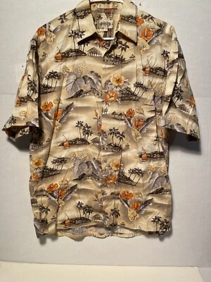 Campia Moda Mens Hawaiian Shirt Size Medium Tan W/ Tropical Flowers & Sailboat - Image 1 of 4