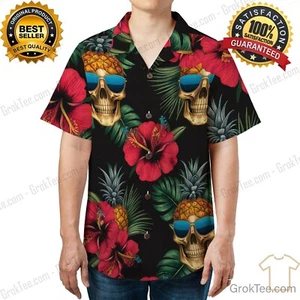 Retro Hawaii Hemd Ananas Totenkopf Blumen Tropical Gothic Aloha Beach Unisex - Bild 1 von 8