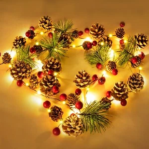 Christmas Garland with Lights, 7 FT 20 LED Red Berry Pinecone Garland Light w... - Picture 1 of 6