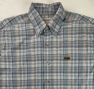 Carhartt Button Up Shirt Mens L Short Sleeve Blue Beige Plaid Pocket Logo - Picture 1 of 10