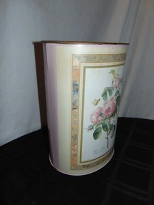 Vtg Floral Roses Wastebasket Tin Trash Can 13 1/2" x 9 1/2" French Writing - Picture 1 of 7
