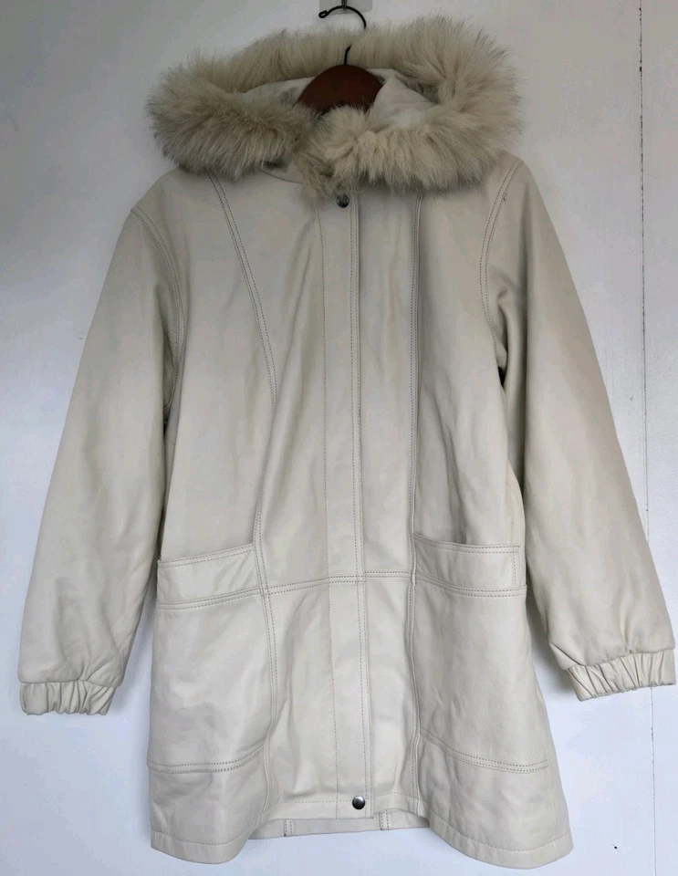Excelled Collection Coat Womens LP White Leather Faux Fur Old Money Winter Long - Image 1 of 4
