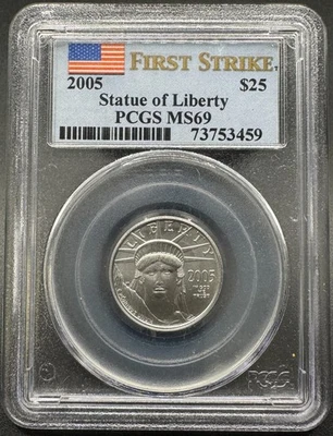 2005 $25 PLATINUM EAGLE 1/4 OZ .9995 FINE PLATINUM PCGS FIRST STRIKE MS69 10EFD2 - Image 1 of 4