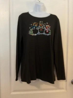 Time And Tru Women’s Black Snowman Embellished Long Sleeve Tee Size XL -B26 - Image 1 of 4