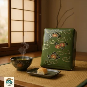 Caja de laca japonesa vintage pintada a mano con motivo floral y nube hecha en Japón - Imagen 1 de 15
