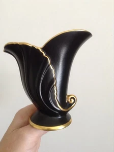 Vtg Classic Carlton Ware 11cm Satin Black & Gold Cornucopia Horn Vase 1970? - Picture 1 of 10