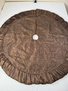 Christmas Tree Skirt Brown Beaded Lustrous Satiny Material Ruffle 50” - Picture 1 of 7