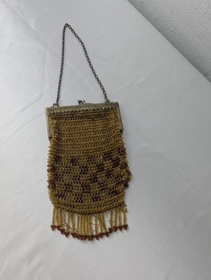 Vtg Art Nouveau Beaded Flapper French Cut Frame Bag Fringe Purse 1900s *Repair  - Image 1 of 4