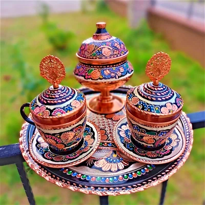 Juego de tetera de cobre con revestimiento de pintura de cerámica azul marino, tetera rústica única hecha a mano. Foto 1 de 4