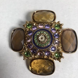 Vintage Yellow & Purple Green Glass Rhinestone Enamel Brooch Pin 2.5 Inch - Picture 1 of 3