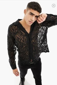 ASOS DESIGN Relaxed Deep Revere Sheer Burnout Zebra Button Down Shirt Black - Picture 1 of 10