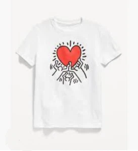 New Keith Haring Red Heart & Figures Old Navy Kids Size Medium White Graphic Tee - Picture 1 of 2