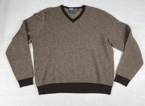 Vtg Polo Ralph Lauren Houndstooth Plaid Wool V-Neck Brown Sweater Men’s L Wool - Picture 1 of 6
