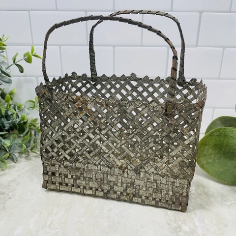 Vintage Silver Woven Tin Basket Handles Lattice Metal Purse Art Deco W/ Patina Cover