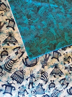 Vintage Sewing Fabric Aqua & Blues Tribal Lot Fat Quarter & 1/3yd 13x45" Cotton - Image 1 of 4