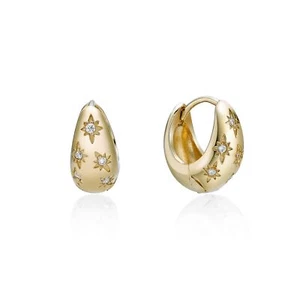 18K Yellow Gold Plated 925 Sterling Silver Thick Hoop Earrings With Diamond - Picture 1 of 9