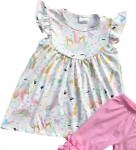 Ärmellos Einhorn Print Kleid Tank Top Bluse Rosa Rüschen Hose Kurz Set - Bild 1 von 3