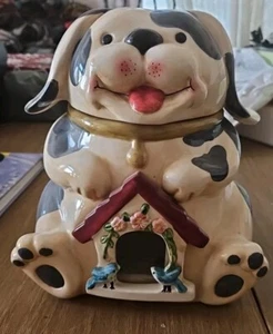 VINTAGE WEISS GRAU GEPUNKTET HUND HÄLT VERSPIEGELTES VOGELHAUS KERAMIK KEKSDOSE - GEBRAUCHT, IN EINWANDFREIEM ZUSTAND - Bild 1 von 7