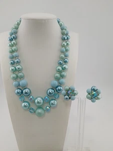 50er Jahre Silber Ton 2 Lagen Blau & AB Perlen Halskette & Clip-On Ohrringe Set - Bild 1 von 17