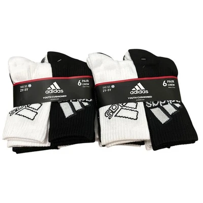 Adidas Youth Cushioned Crew Socks 2 packs 6 pairs 2-5 years each black white New - Image 1 of 3