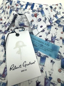 NWT Robert Graham Cocktail Print Blue Hawaiian Linen Blend Button Up Shirt XL - Picture 1 of 14