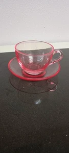 Pink Vaseline Glass Cup And Saucer. Unique / Rare VERY bright Vintage - Picture 1 of 16