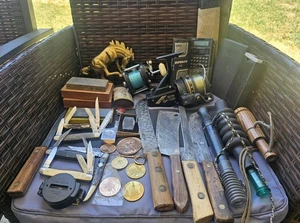 Vintage Junk Drawer Lot Knives,reels, & Random Stuff Pre Owned Condition - Picture 1 of 23