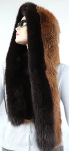 Fur Hood Scarf Blue Fox Rex Opossum Hat Double Sided Fur Cap Dark Brown - Picture 1 of 8
