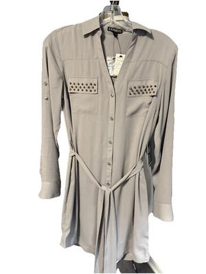 Express 灰色纽扣前长袖内衬连衣裙全新带标签锥形耳钉 XS 码 — 第 1/4 张图片