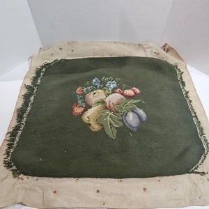 Vintage Needlepoint Canvas Orchard Fruit Olive Green Background 21"×19" READ - Picture 1 of 8