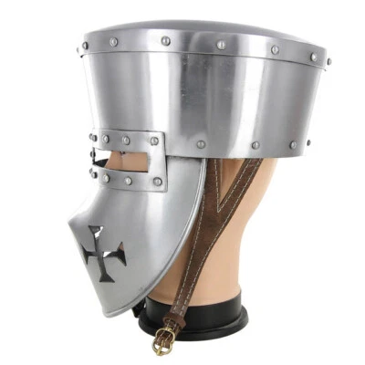ARMORY REPLICAS Crusader 16G Steel Pot Helmet w/ Templar Cross Face Guard | LARP Reenactment SCA