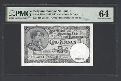 Belgium 5 Francs 1988  P108X Error in date Uncirculated Grade 64 Top Pop - Image 1 of 2