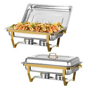 Chafing Dish Buffet Set Stainless Chafer 8 Qt w/ Full Size Pans & Gold Leg - Picture 1 of 16
