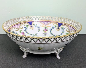 Antique 1870-1920 CARL THIEME Dresden Footed Reticulated Porcelain Bowl, Ø10" - Picture 1 of 13