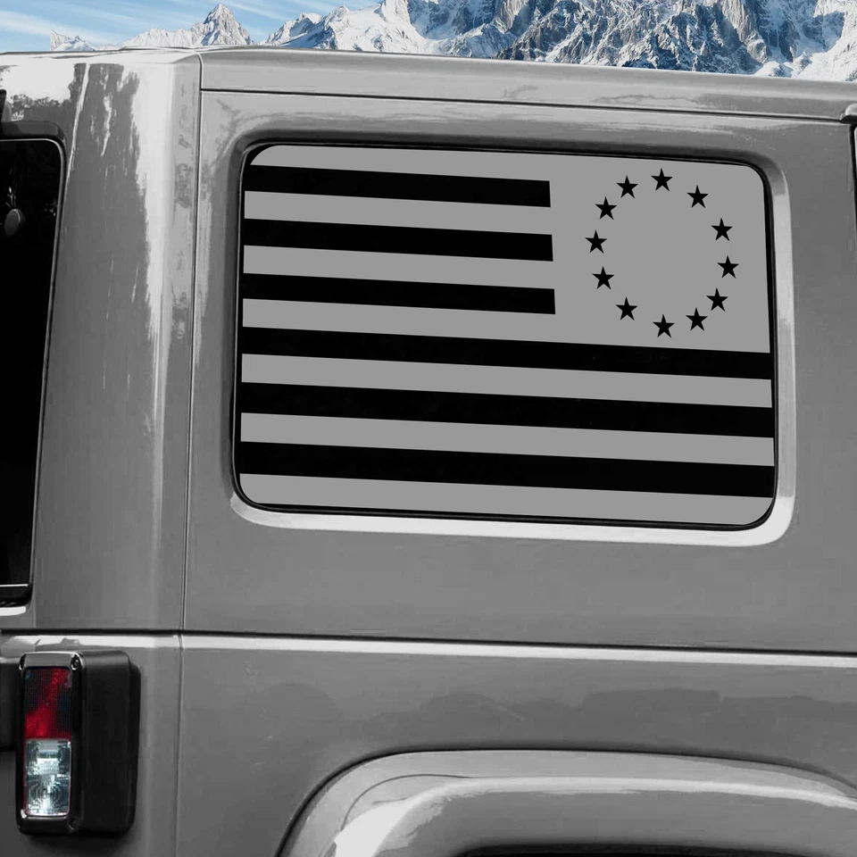 Calcomanía gráfica envolvente ventana trasera para Jeep Wrangler 2011-2020 BETSY ROSS PLATEADA Foto 1 de 1