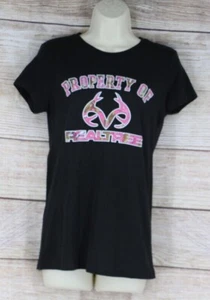 Realtree Womens Size Small Medium Large XL Crew Neck T-Shirt Black Pink Camo - Picture 1 of 7