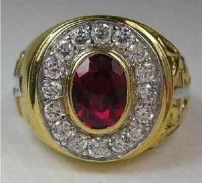 Oval Red Ruby Lab Created Men's Engagement Ring 14K Yellow Gold Plated Silver - Image 1 of 4