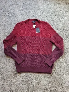 JOS. A. BANK Men's Medium Crewneck Sweater Burgundy Red Color Block CABLE KNIT - Picture 1 of 5